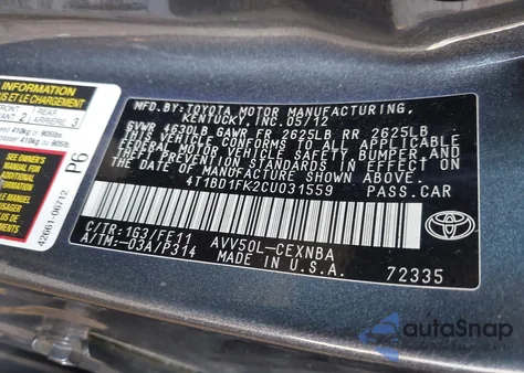 2012 Toyota Camry Hybrid Le z USA, uszkodzony, nr VIN 4T1BD1FK2CU031559